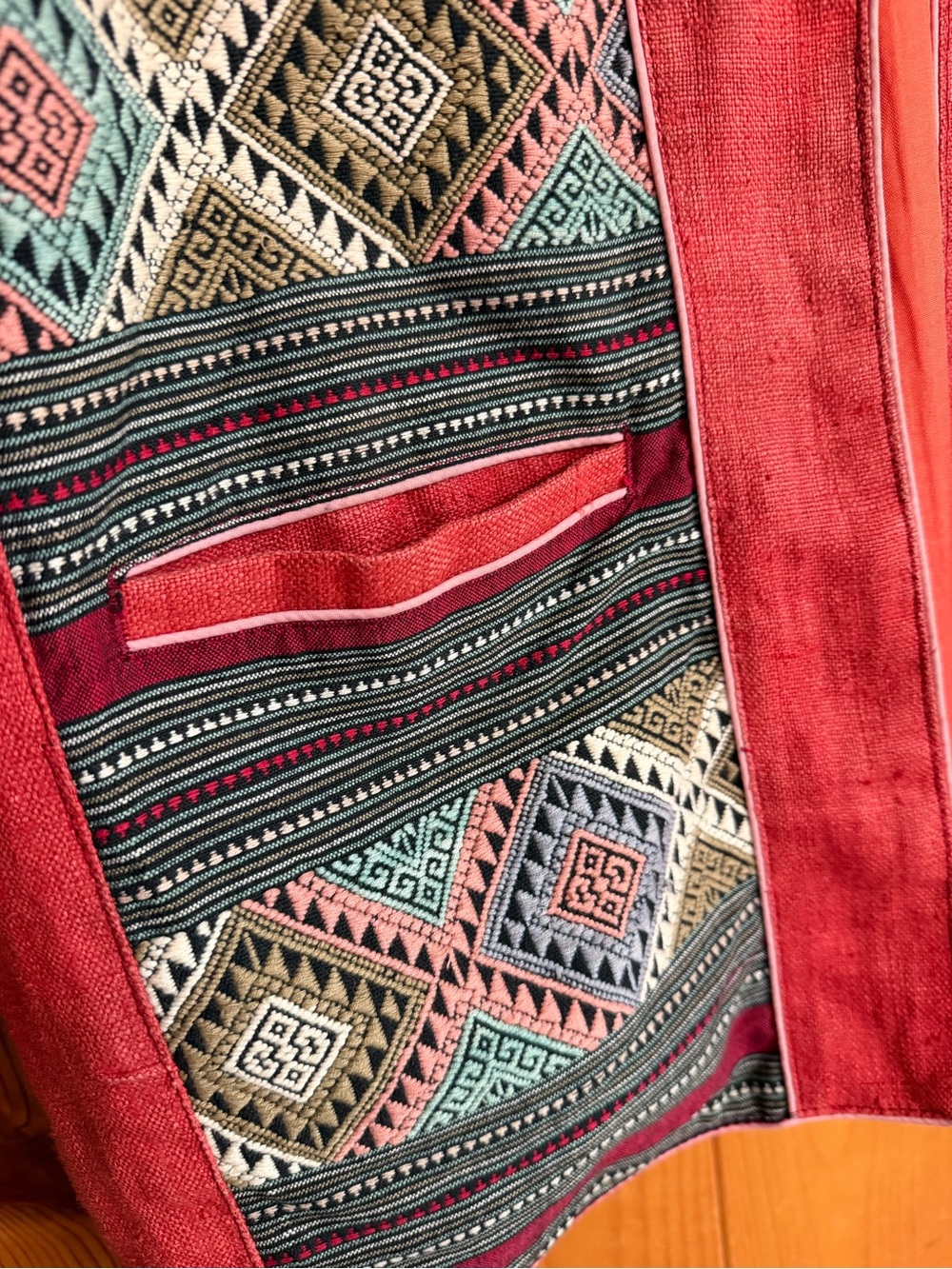 Women's Red Patterned Blazer Jacket with Geometric Embroidery